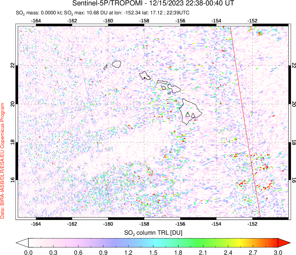 A sulfur dioxide image over Hawaii, USA on Dec 15, 2023.