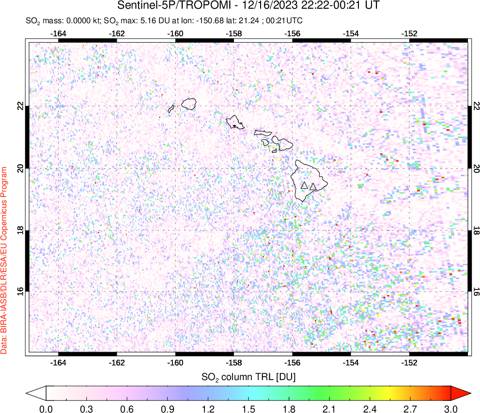 A sulfur dioxide image over Hawaii, USA on Dec 16, 2023.