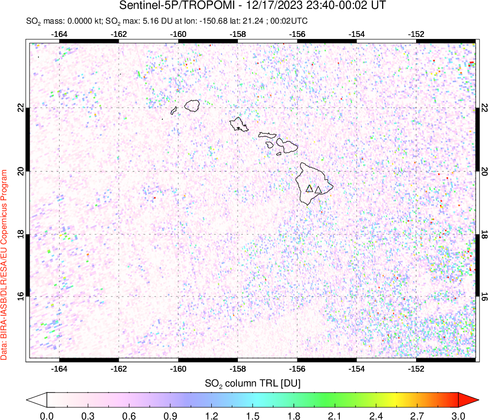 A sulfur dioxide image over Hawaii, USA on Dec 17, 2023.