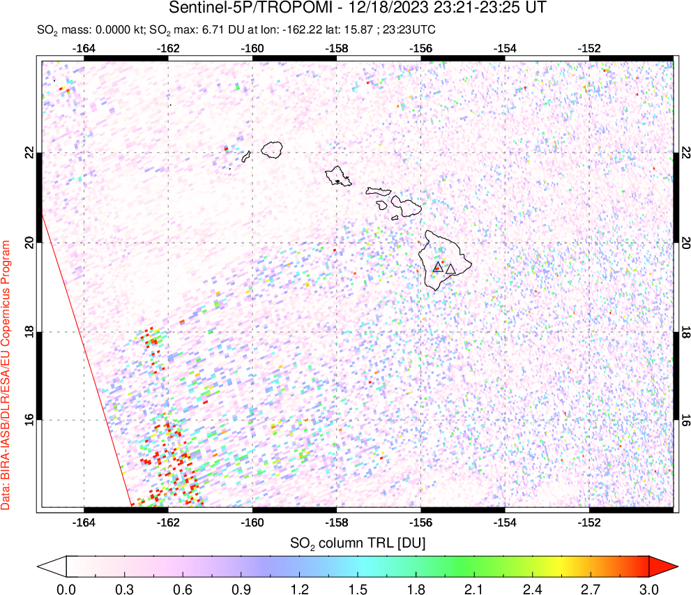 A sulfur dioxide image over Hawaii, USA on Dec 18, 2023.