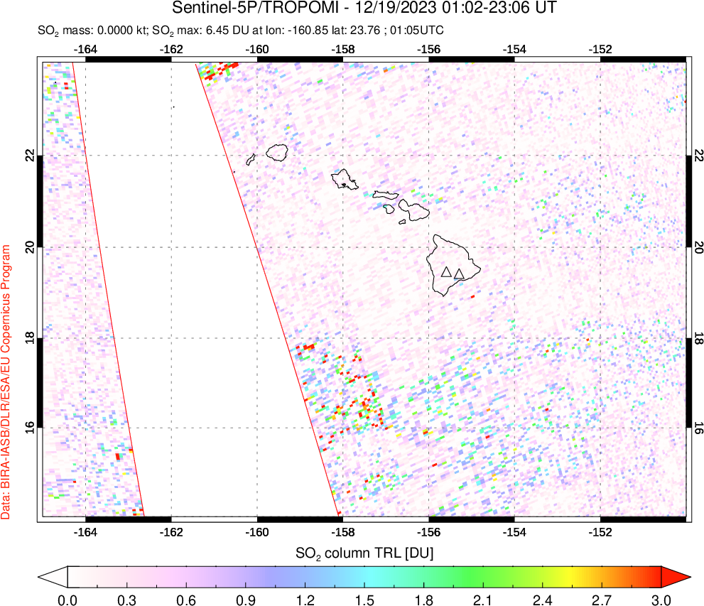 A sulfur dioxide image over Hawaii, USA on Dec 19, 2023.