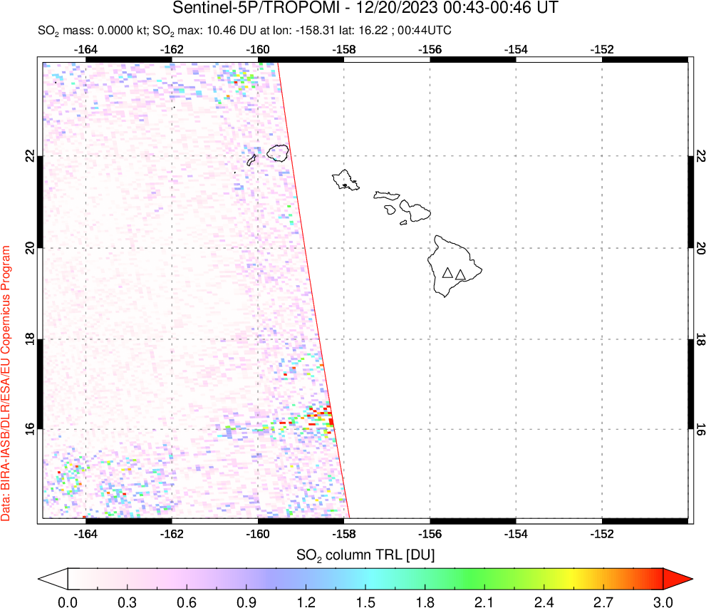 A sulfur dioxide image over Hawaii, USA on Dec 20, 2023.