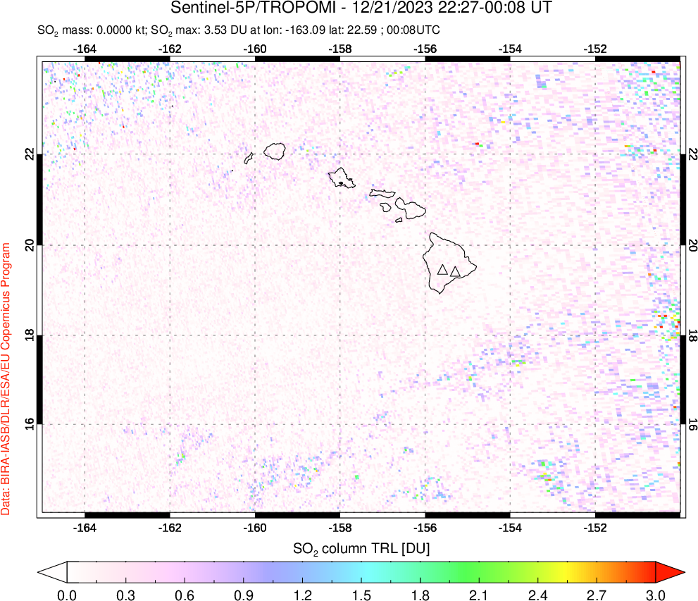 A sulfur dioxide image over Hawaii, USA on Dec 21, 2023.