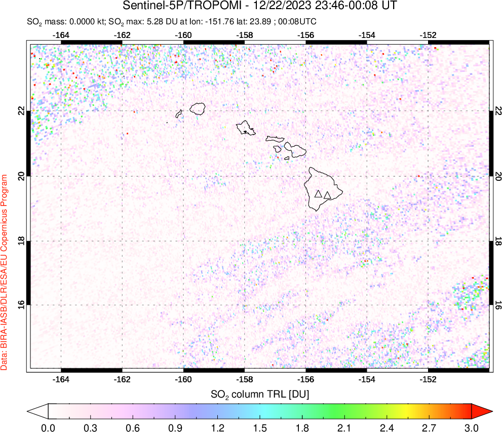 A sulfur dioxide image over Hawaii, USA on Dec 22, 2023.