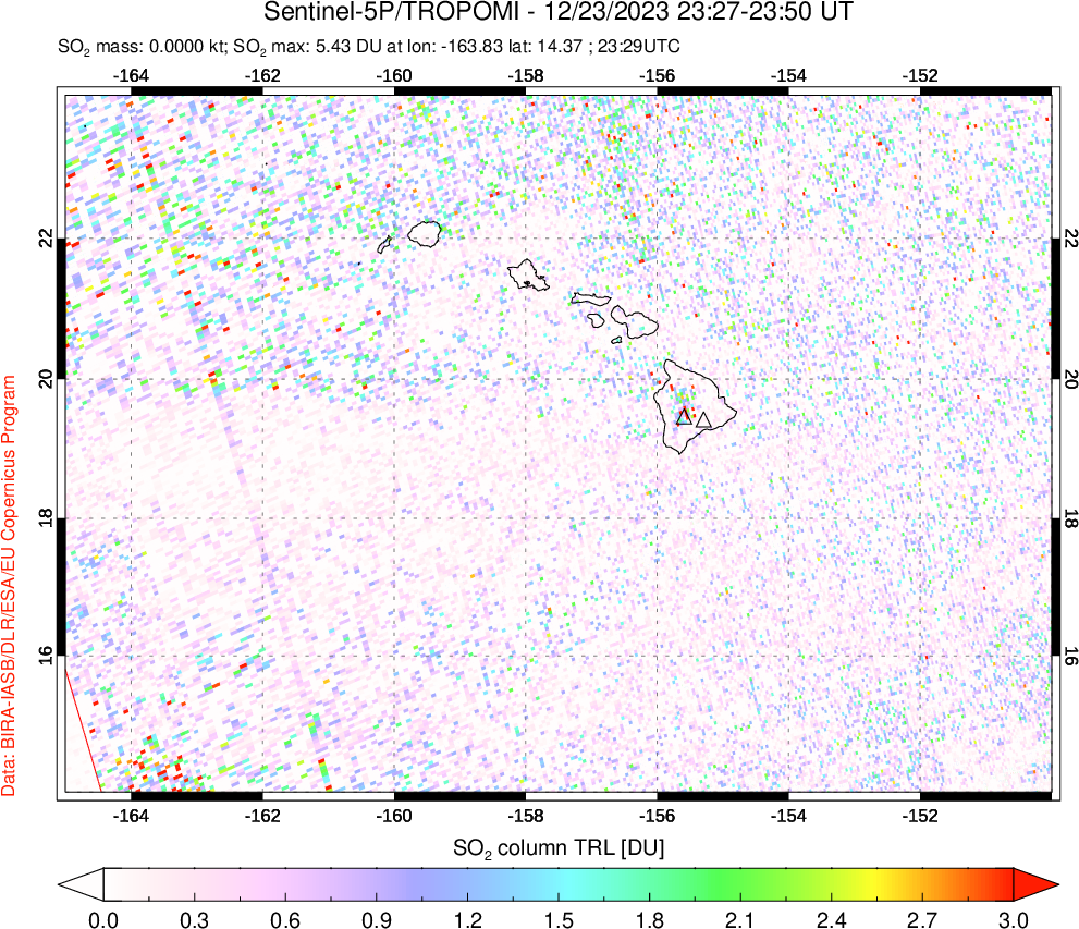 A sulfur dioxide image over Hawaii, USA on Dec 23, 2023.