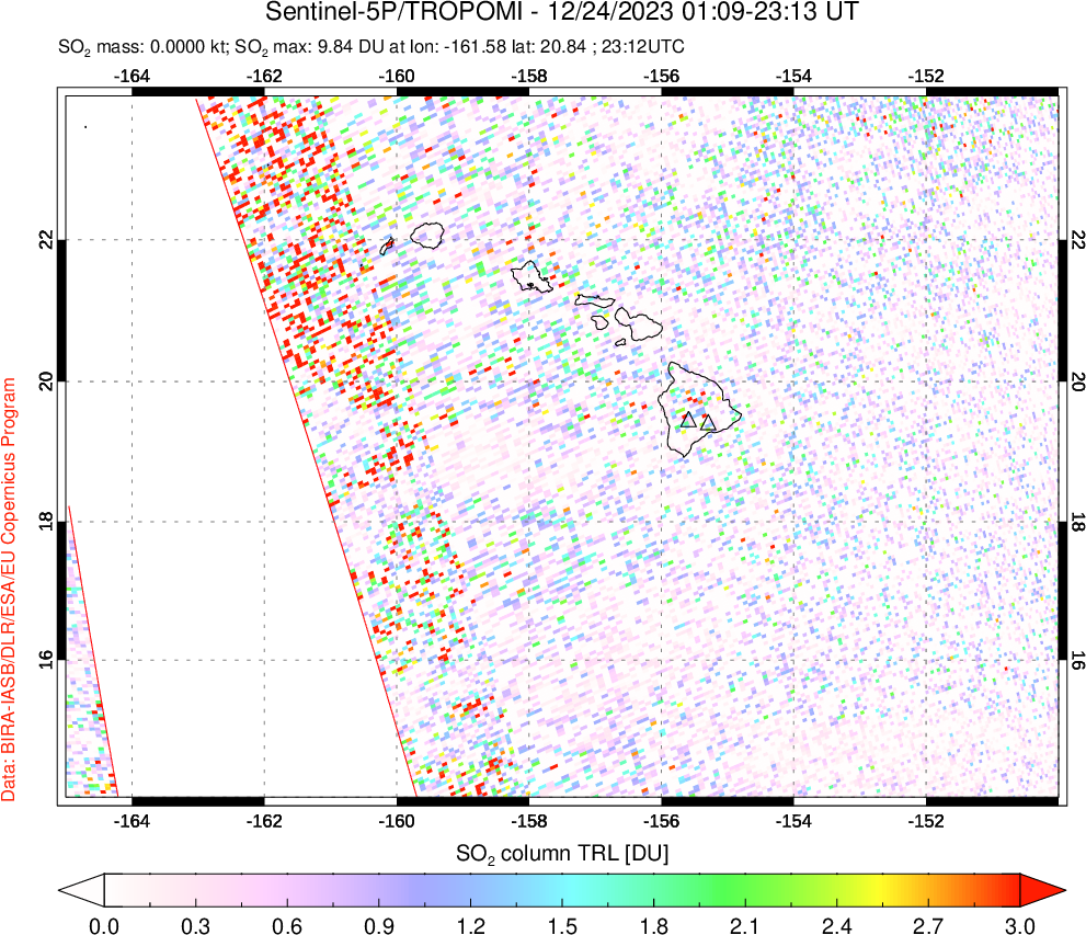 A sulfur dioxide image over Hawaii, USA on Dec 24, 2023.