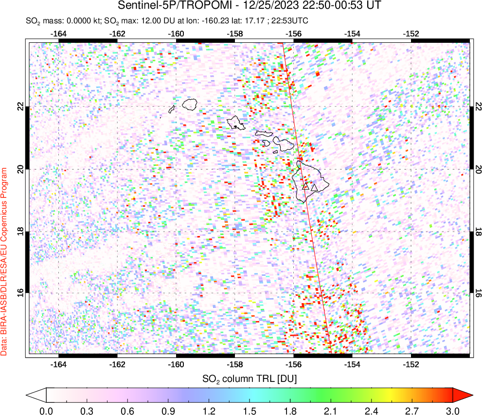 A sulfur dioxide image over Hawaii, USA on Dec 25, 2023.