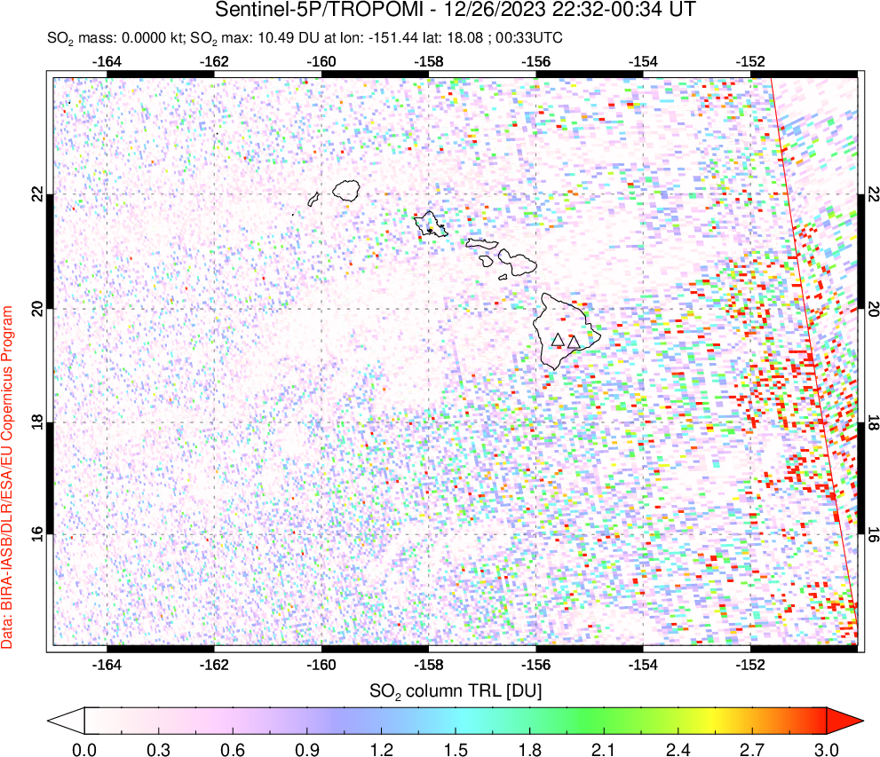 A sulfur dioxide image over Hawaii, USA on Dec 26, 2023.