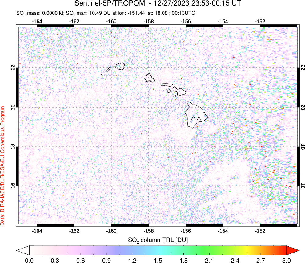 A sulfur dioxide image over Hawaii, USA on Dec 27, 2023.