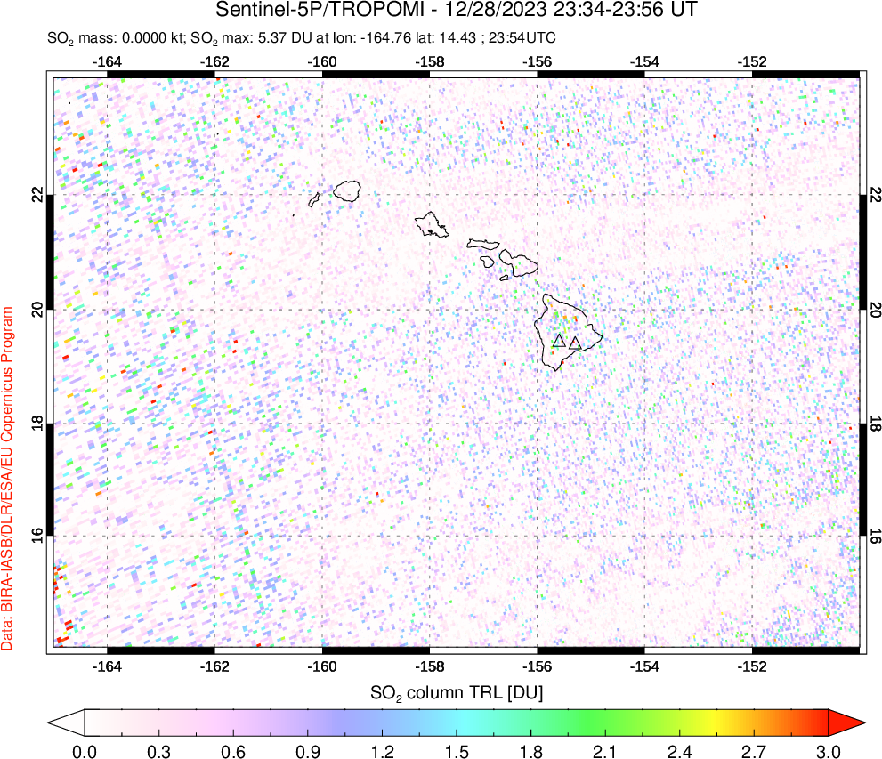 A sulfur dioxide image over Hawaii, USA on Dec 28, 2023.