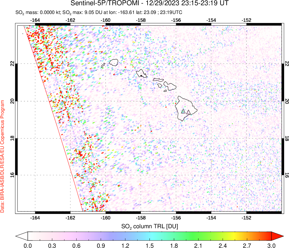 A sulfur dioxide image over Hawaii, USA on Dec 29, 2023.