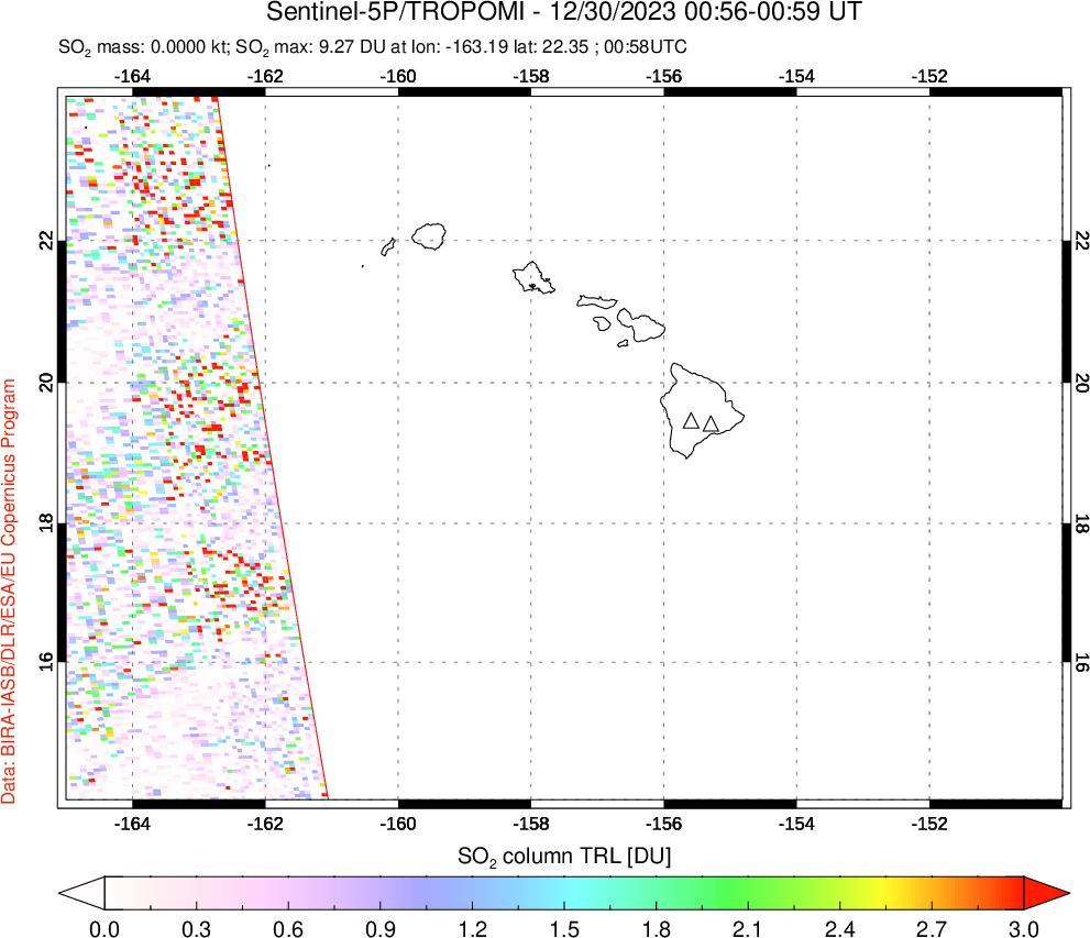 A sulfur dioxide image over Hawaii, USA on Dec 30, 2023.