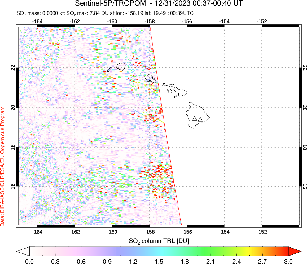 A sulfur dioxide image over Hawaii, USA on Dec 31, 2023.