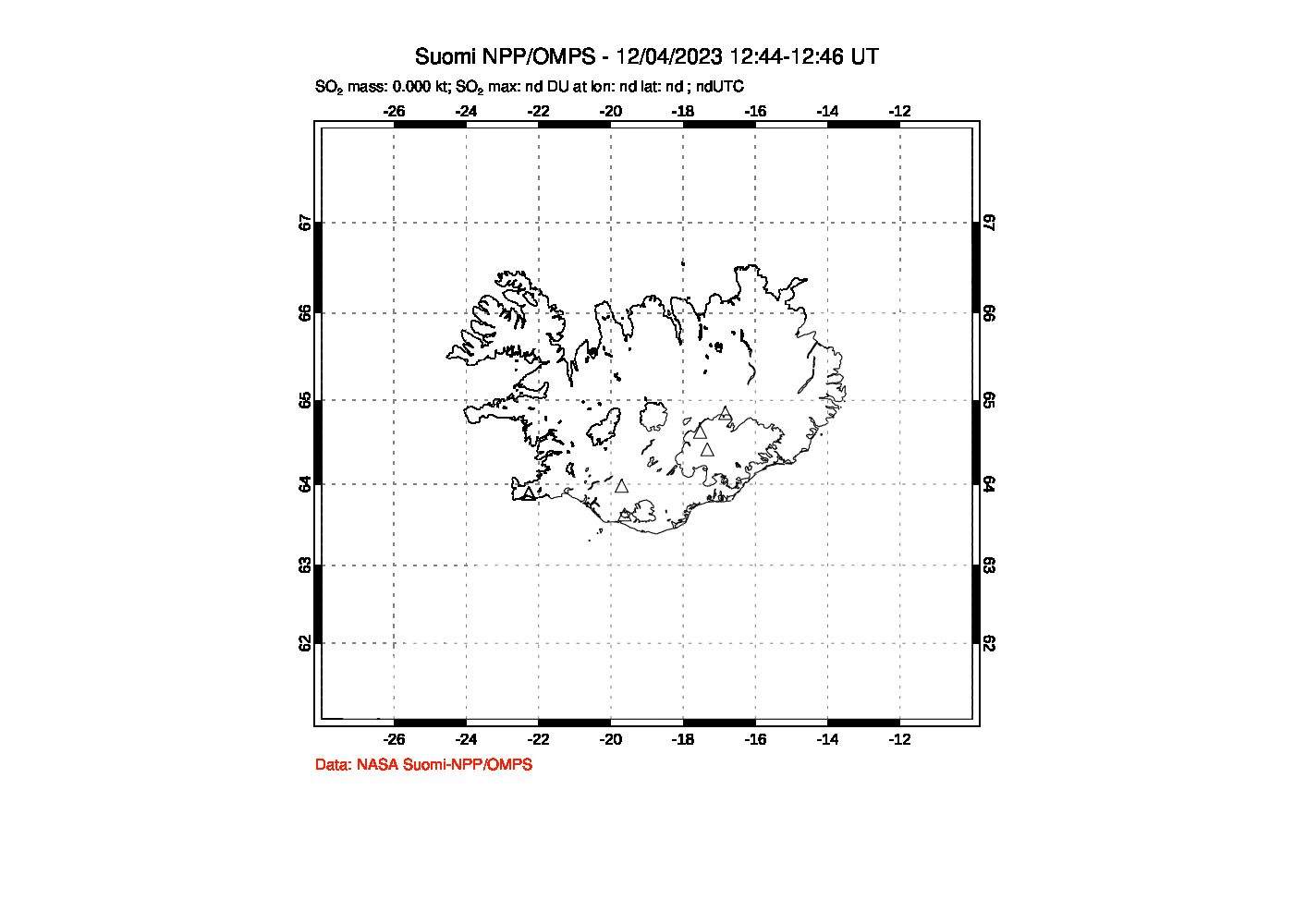 A sulfur dioxide image over Iceland on Dec 04, 2023.