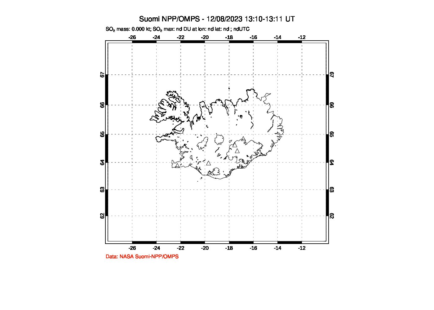 A sulfur dioxide image over Iceland on Dec 08, 2023.