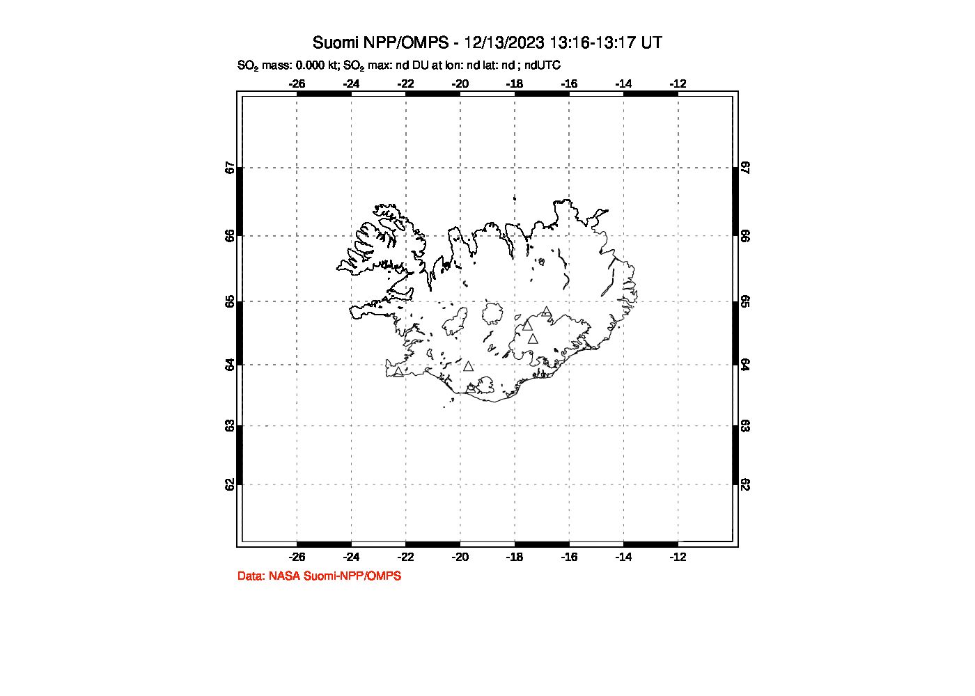 A sulfur dioxide image over Iceland on Dec 13, 2023.