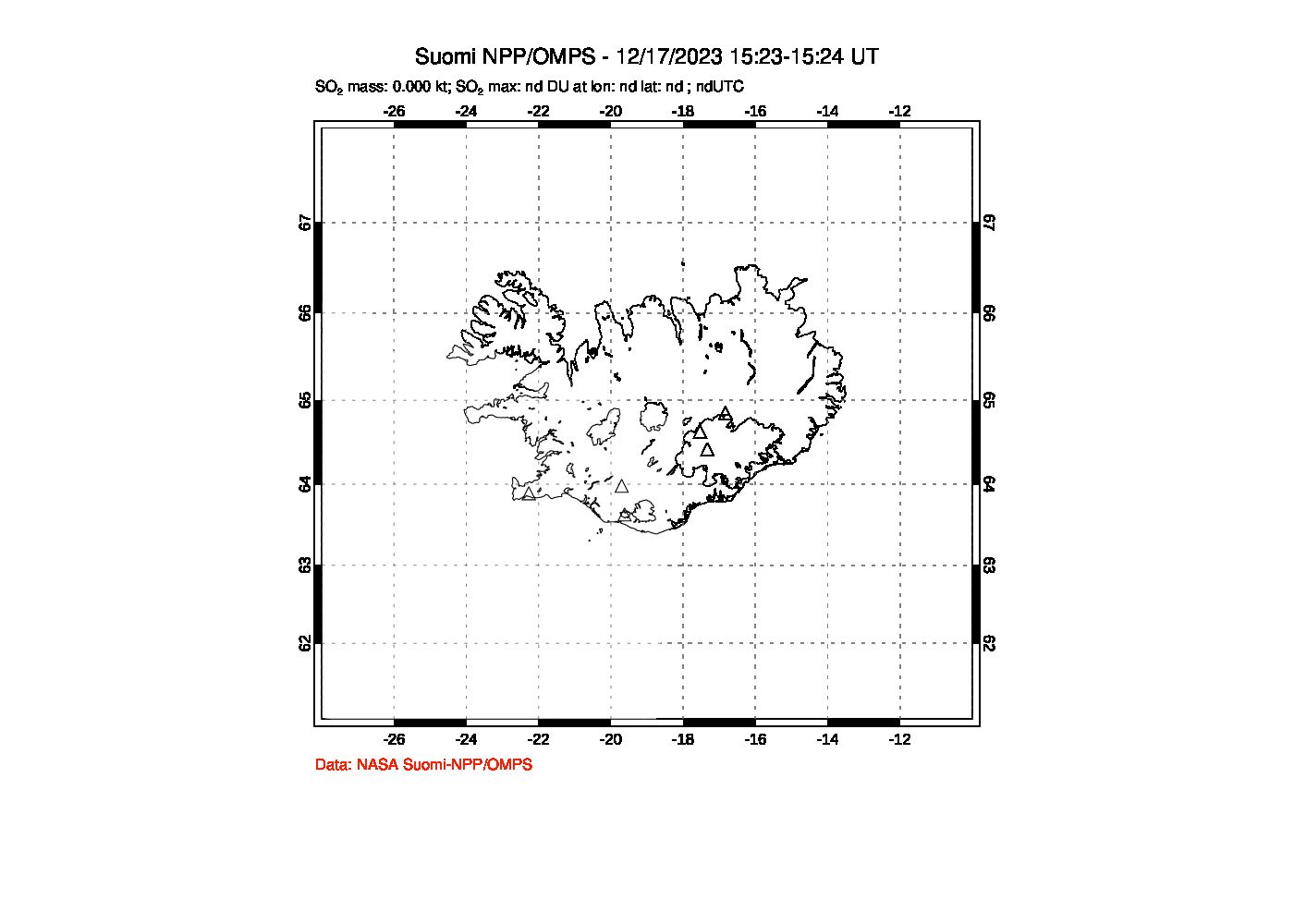 A sulfur dioxide image over Iceland on Dec 17, 2023.