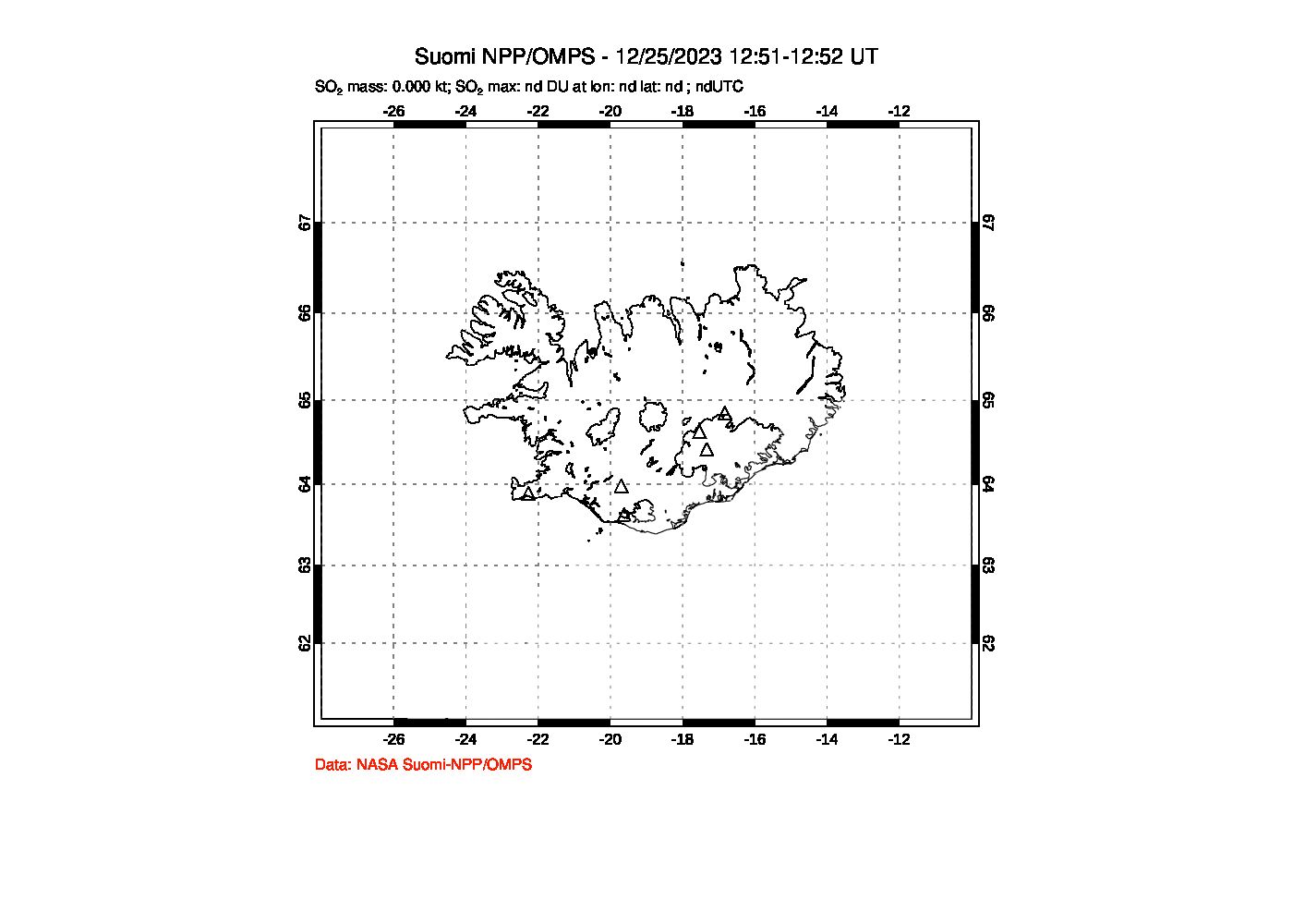 A sulfur dioxide image over Iceland on Dec 25, 2023.