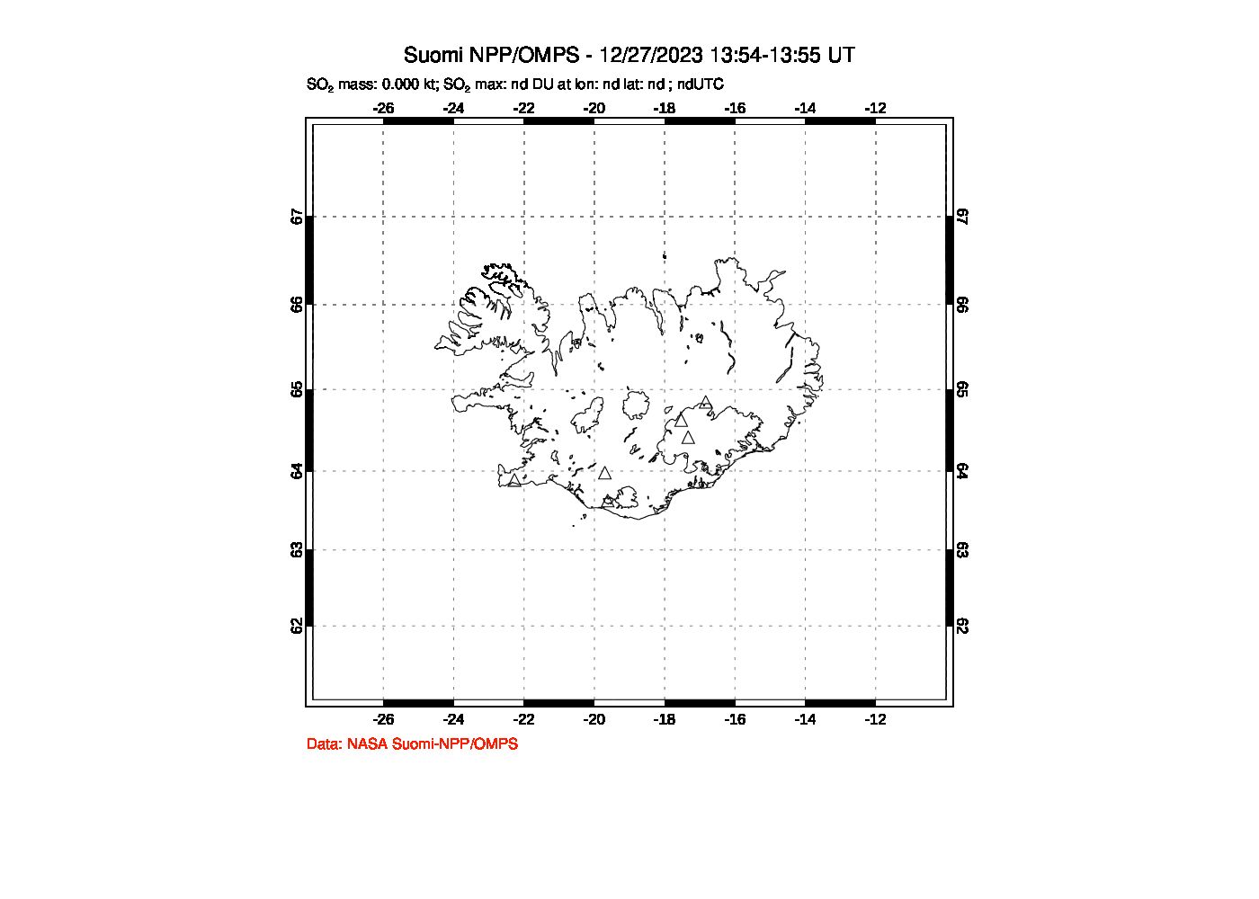 A sulfur dioxide image over Iceland on Dec 27, 2023.