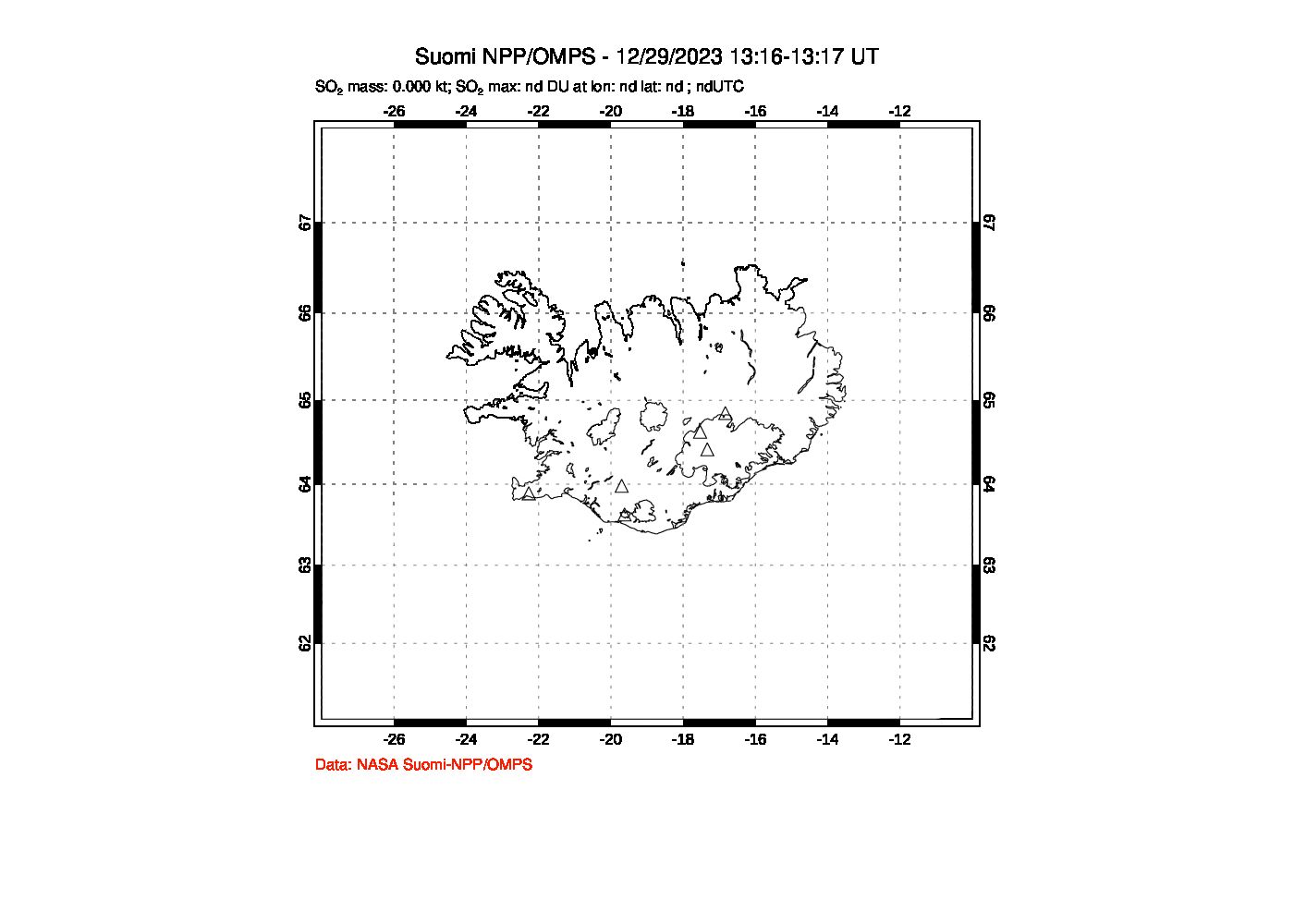 A sulfur dioxide image over Iceland on Dec 29, 2023.