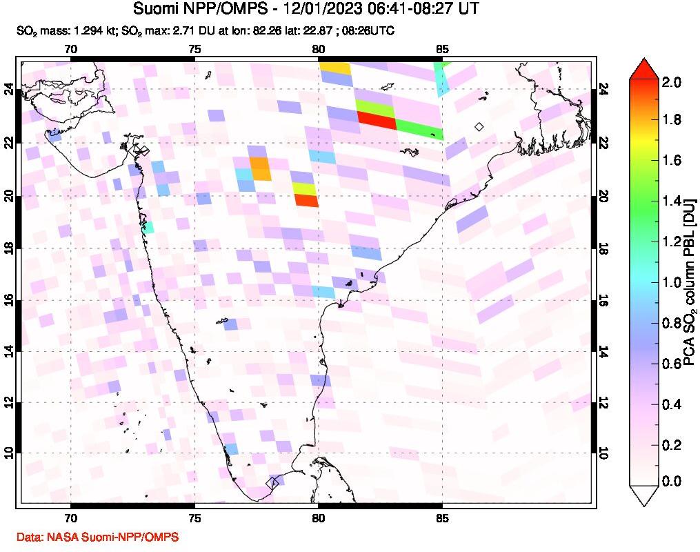 A sulfur dioxide image over India on Dec 01, 2023.