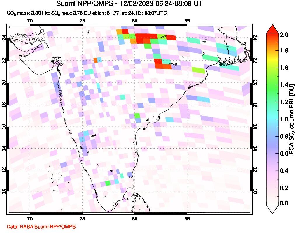 A sulfur dioxide image over India on Dec 02, 2023.