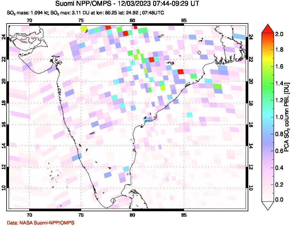 A sulfur dioxide image over India on Dec 03, 2023.