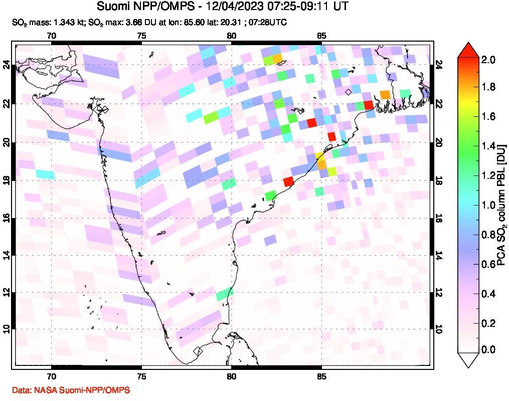 A sulfur dioxide image over India on Dec 04, 2023.