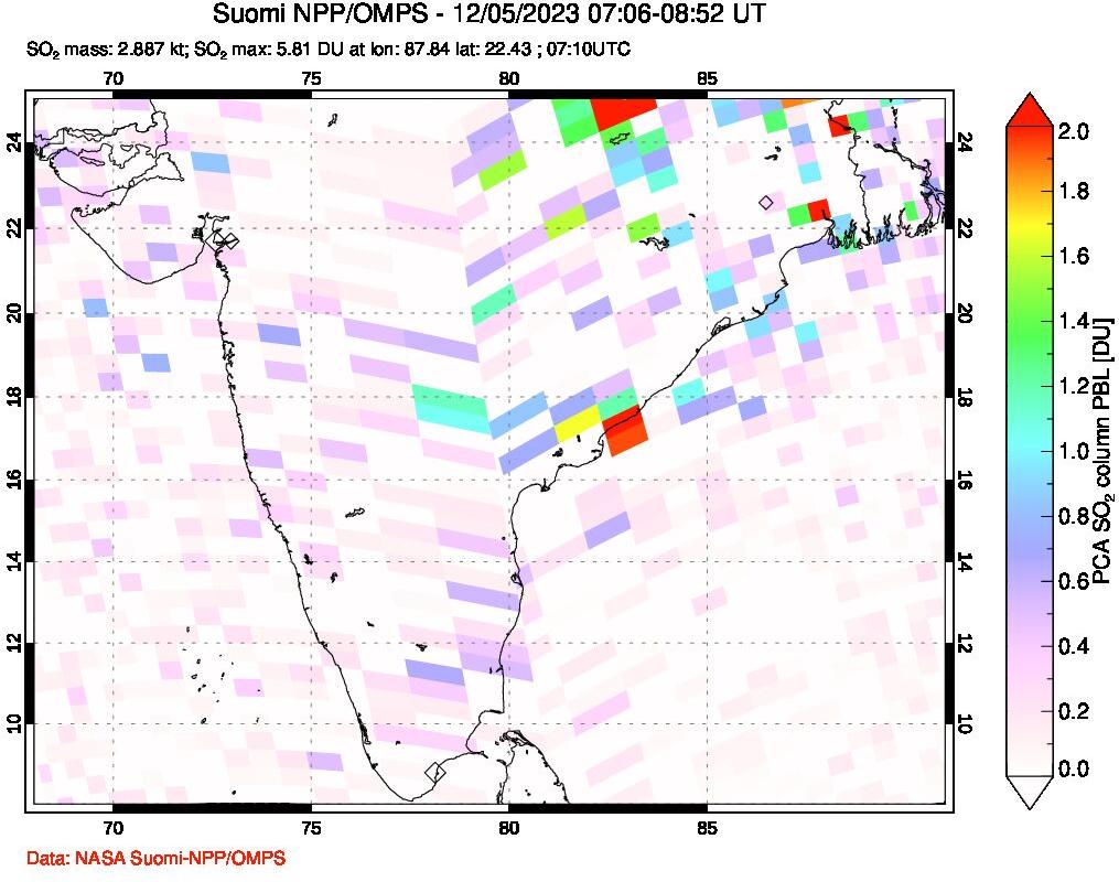 A sulfur dioxide image over India on Dec 05, 2023.