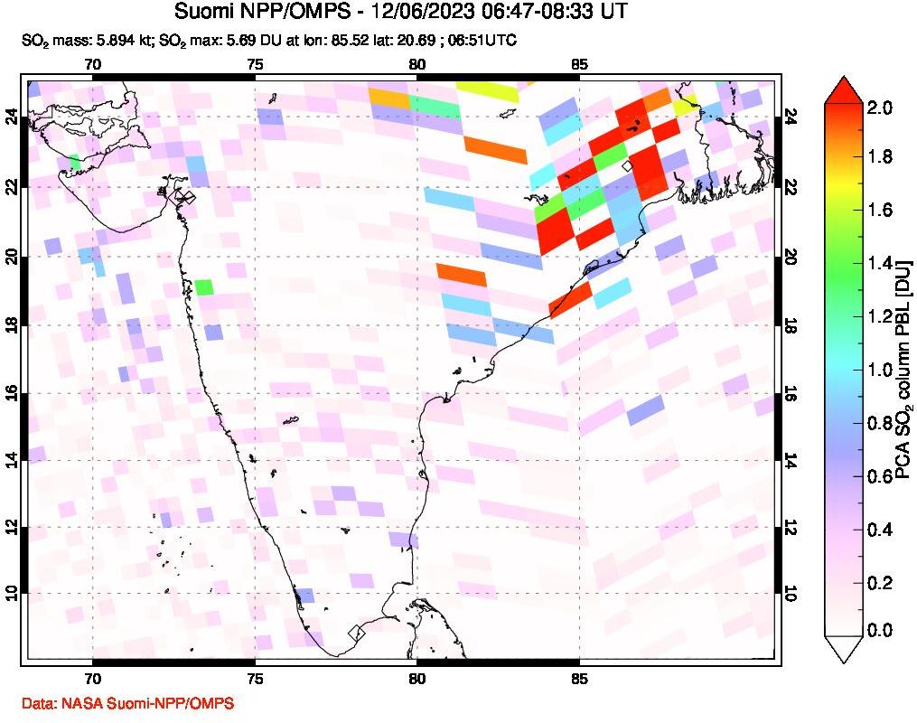 A sulfur dioxide image over India on Dec 06, 2023.