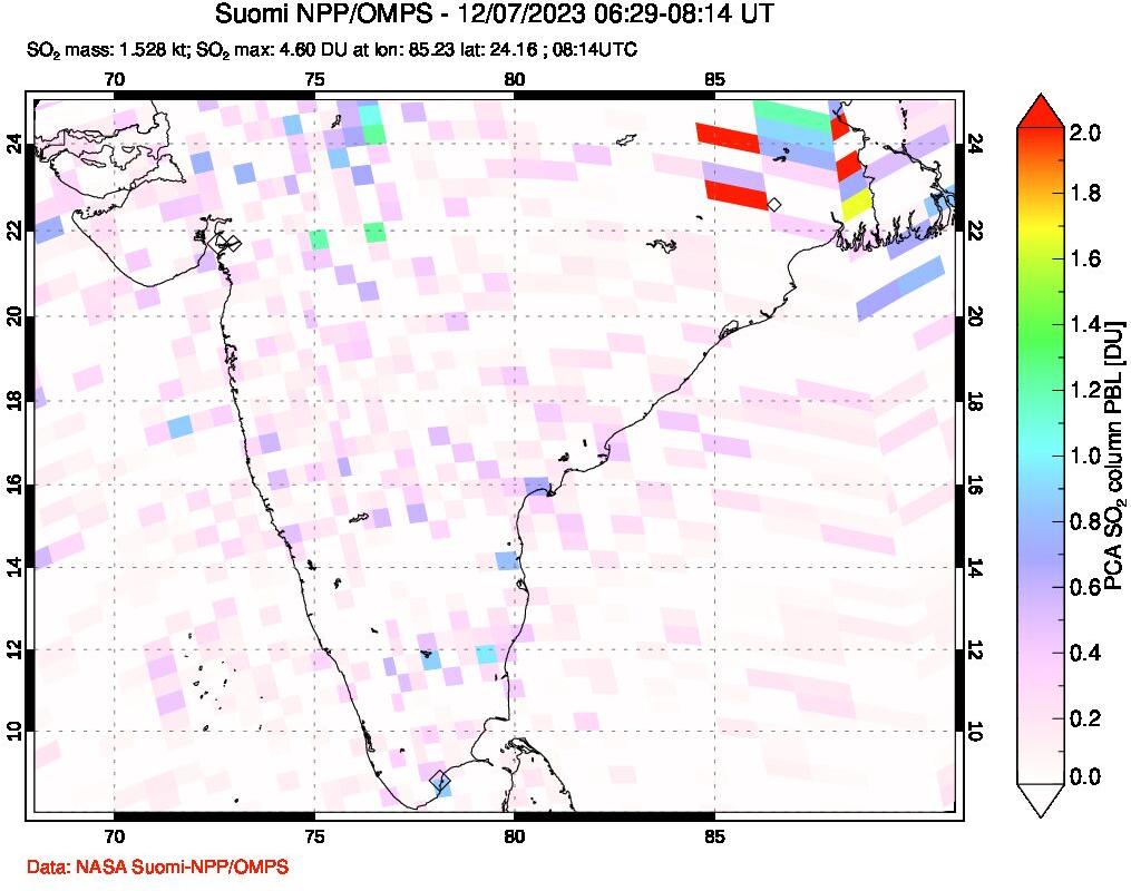 A sulfur dioxide image over India on Dec 07, 2023.