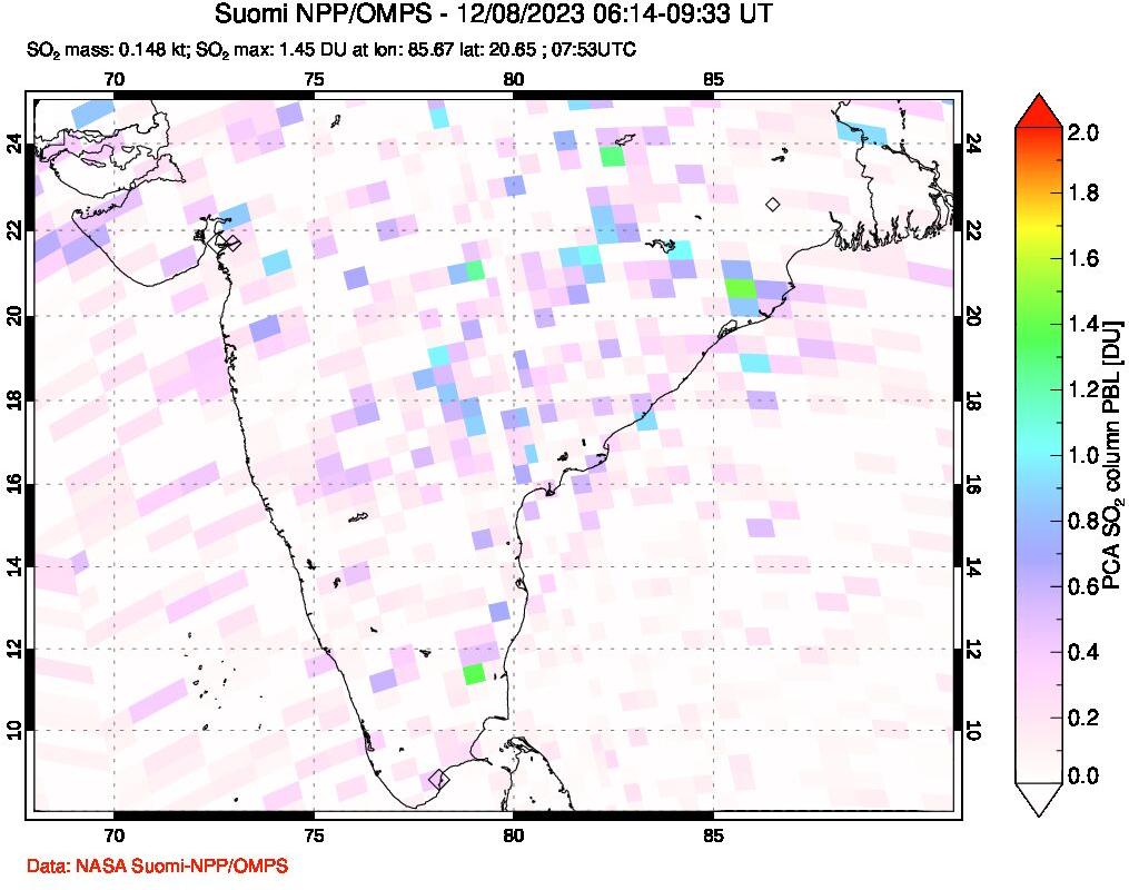 A sulfur dioxide image over India on Dec 08, 2023.