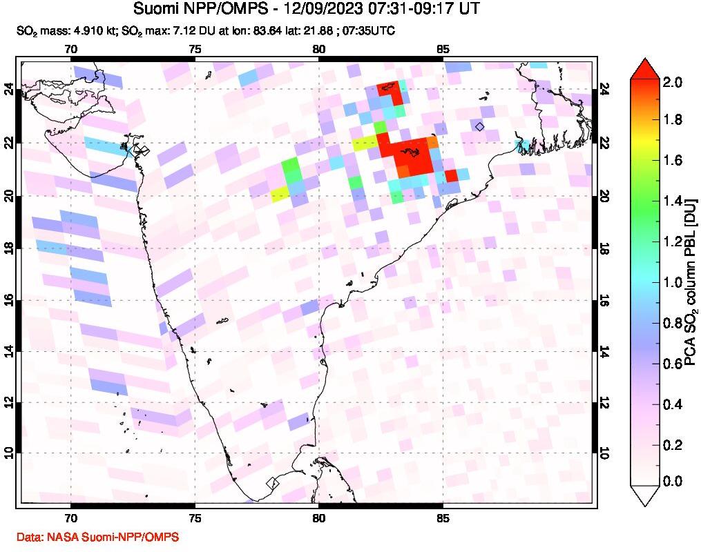 A sulfur dioxide image over India on Dec 09, 2023.