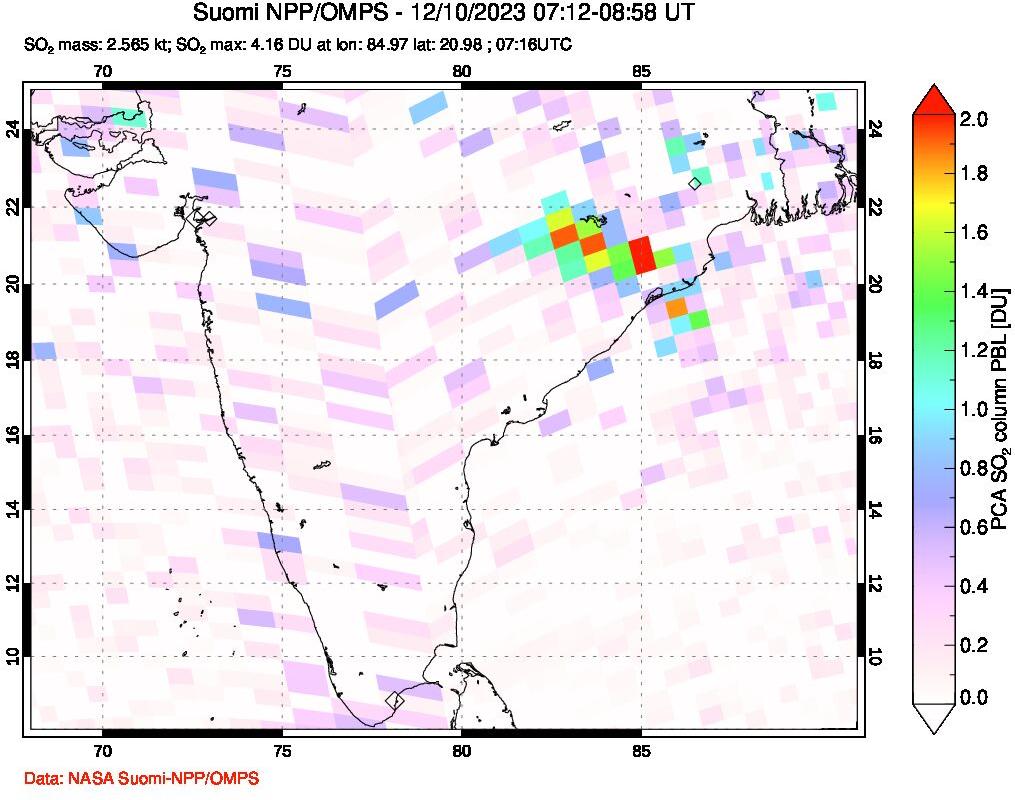 A sulfur dioxide image over India on Dec 10, 2023.