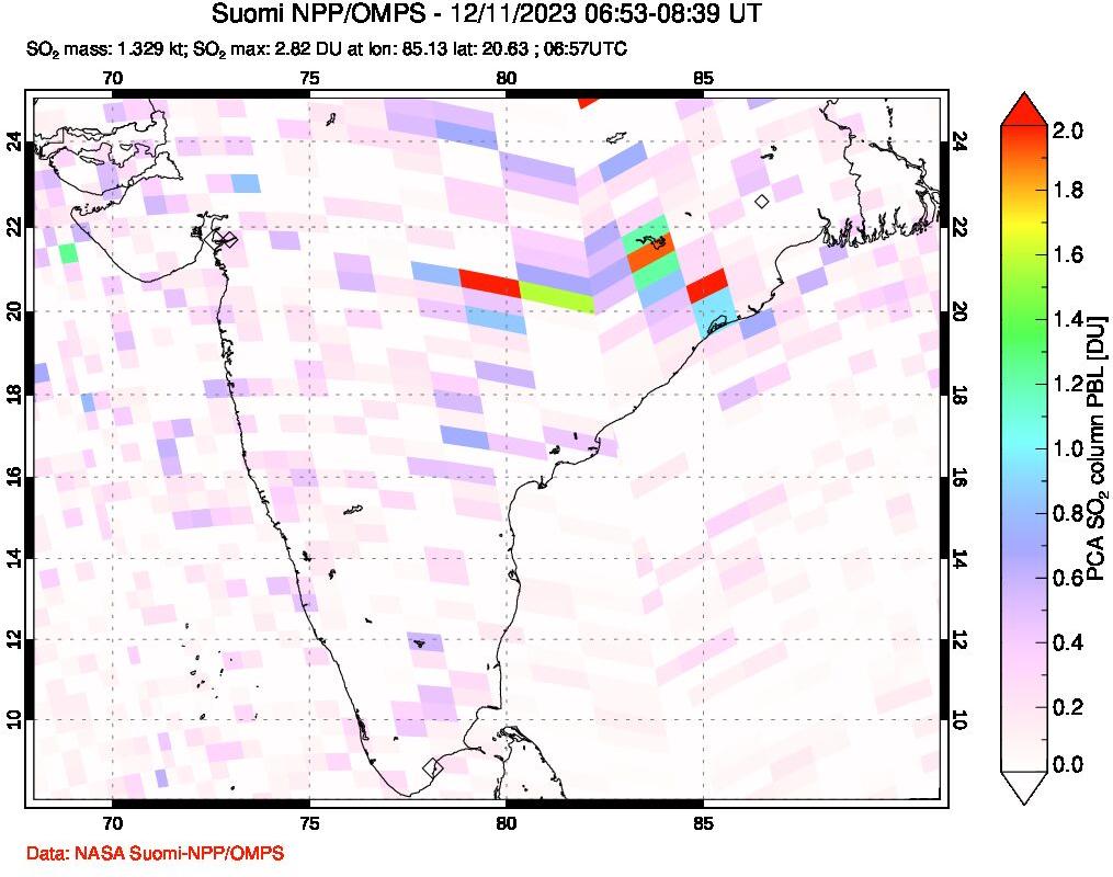 A sulfur dioxide image over India on Dec 11, 2023.