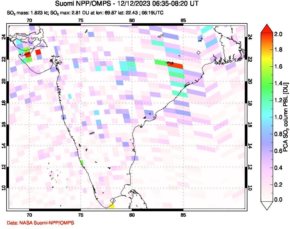 A sulfur dioxide image over India on Dec 12, 2023.