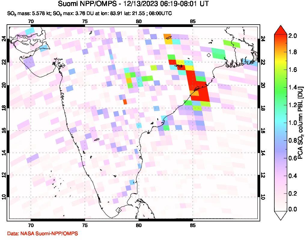 A sulfur dioxide image over India on Dec 13, 2023.