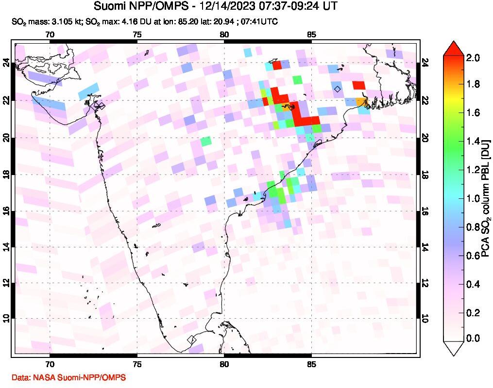 A sulfur dioxide image over India on Dec 14, 2023.