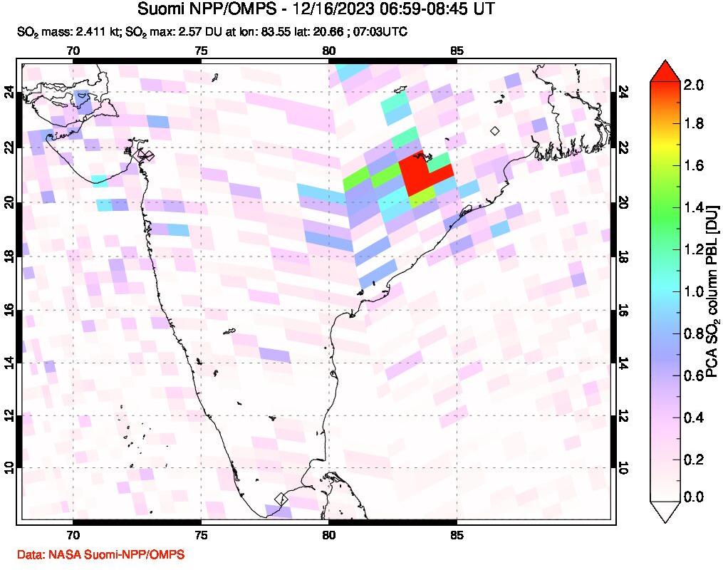 A sulfur dioxide image over India on Dec 16, 2023.