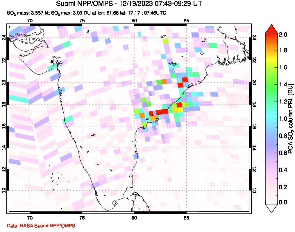 A sulfur dioxide image over India on Dec 19, 2023.