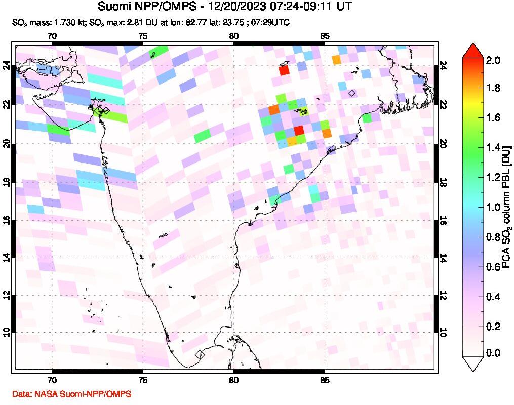 A sulfur dioxide image over India on Dec 20, 2023.