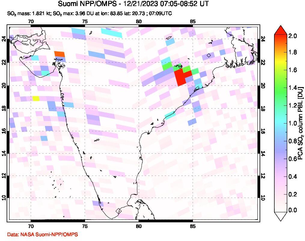 A sulfur dioxide image over India on Dec 21, 2023.