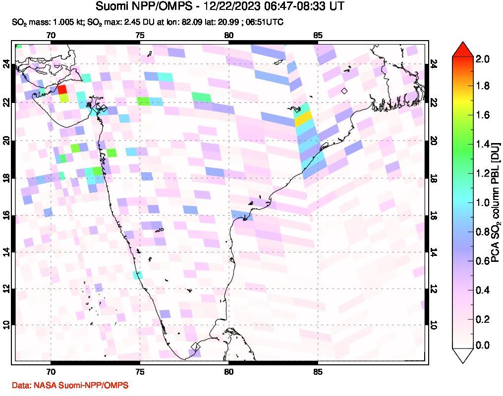 A sulfur dioxide image over India on Dec 22, 2023.