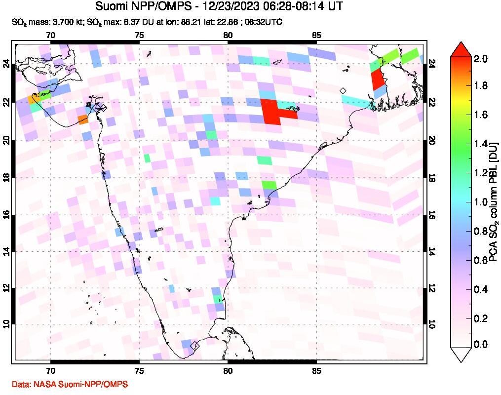 A sulfur dioxide image over India on Dec 23, 2023.