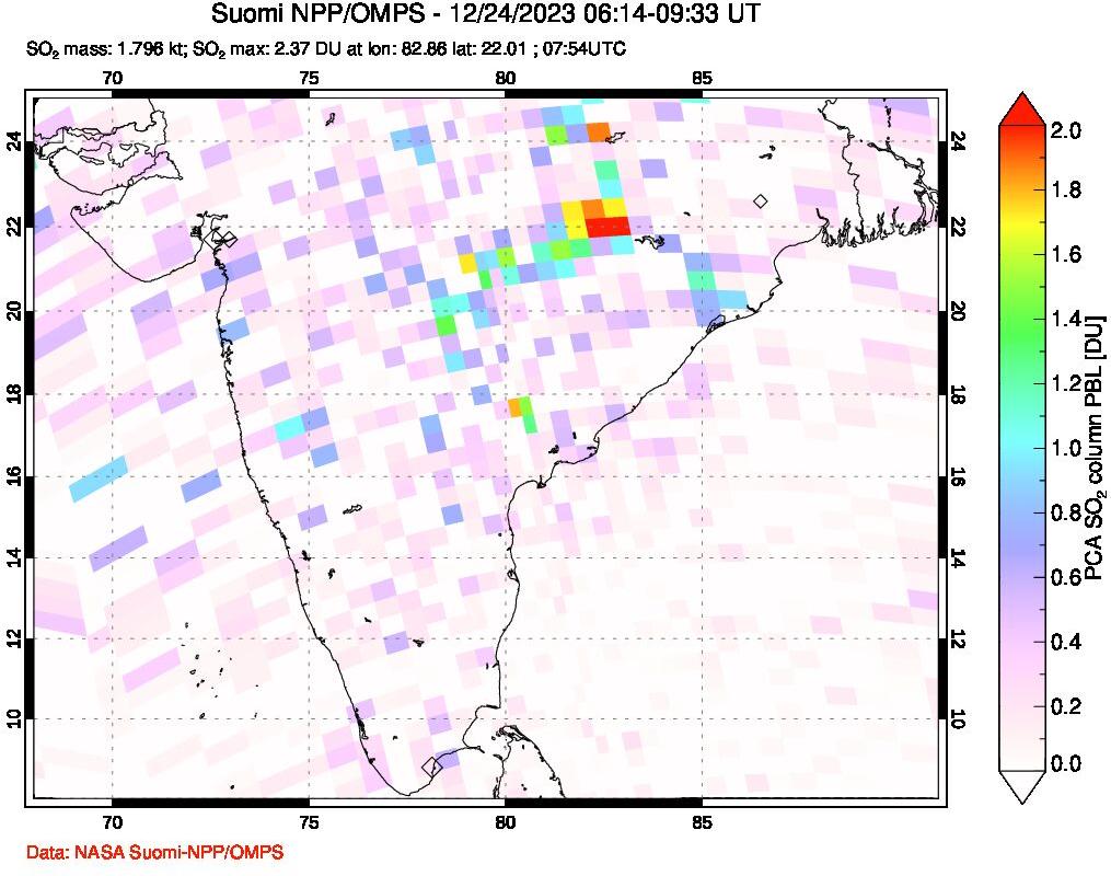 A sulfur dioxide image over India on Dec 24, 2023.