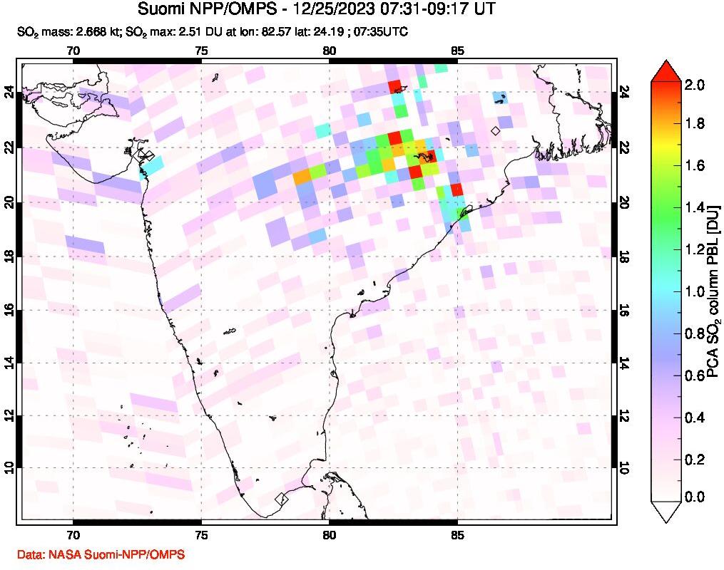 A sulfur dioxide image over India on Dec 25, 2023.