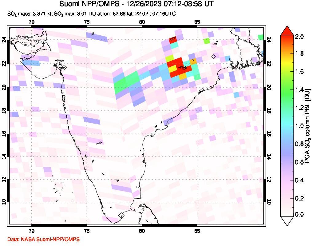 A sulfur dioxide image over India on Dec 26, 2023.