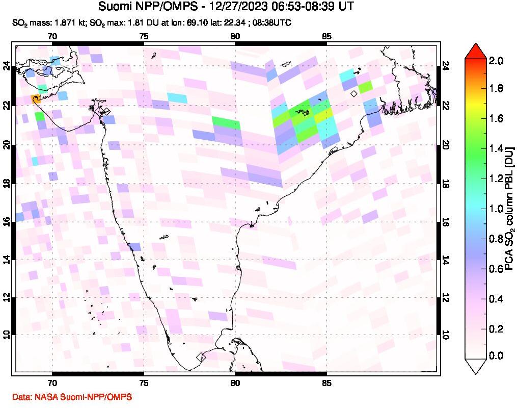 A sulfur dioxide image over India on Dec 27, 2023.