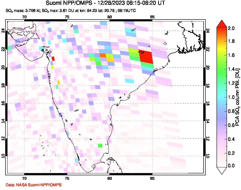 A sulfur dioxide image over India on Dec 28, 2023.