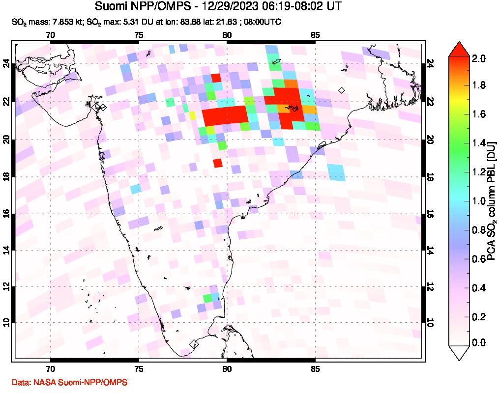 A sulfur dioxide image over India on Dec 29, 2023.